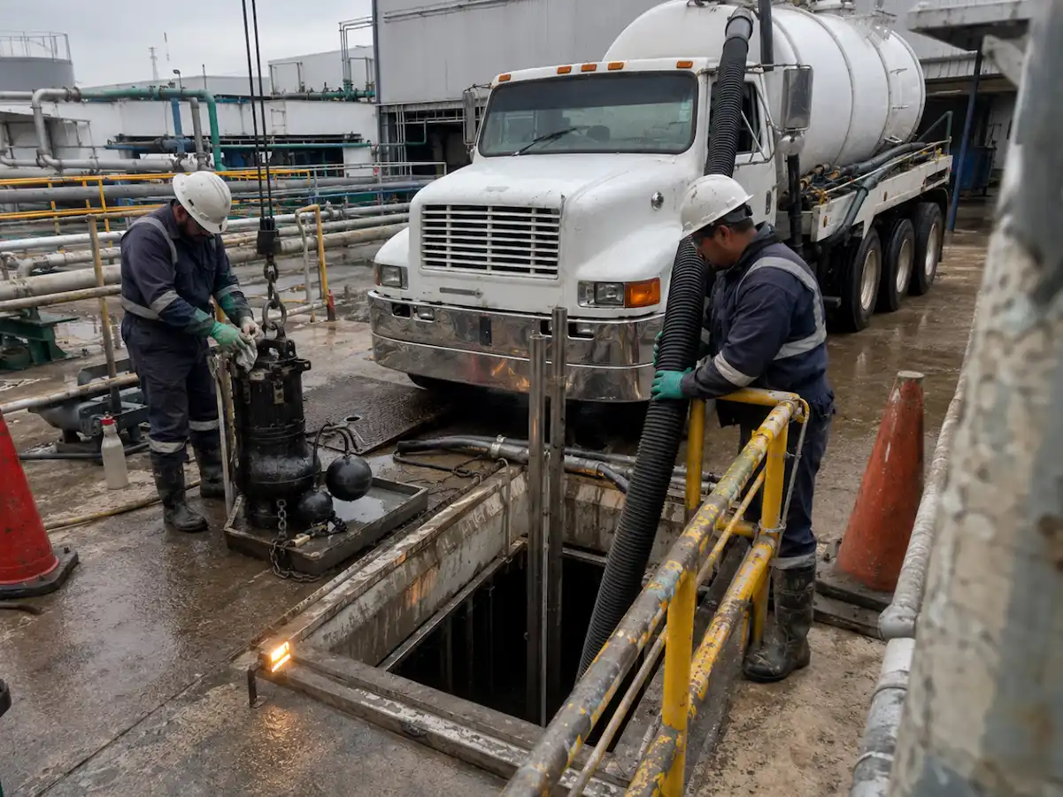 Camión Vactor desazolvando la línea interna de un parque industrial en Puebla