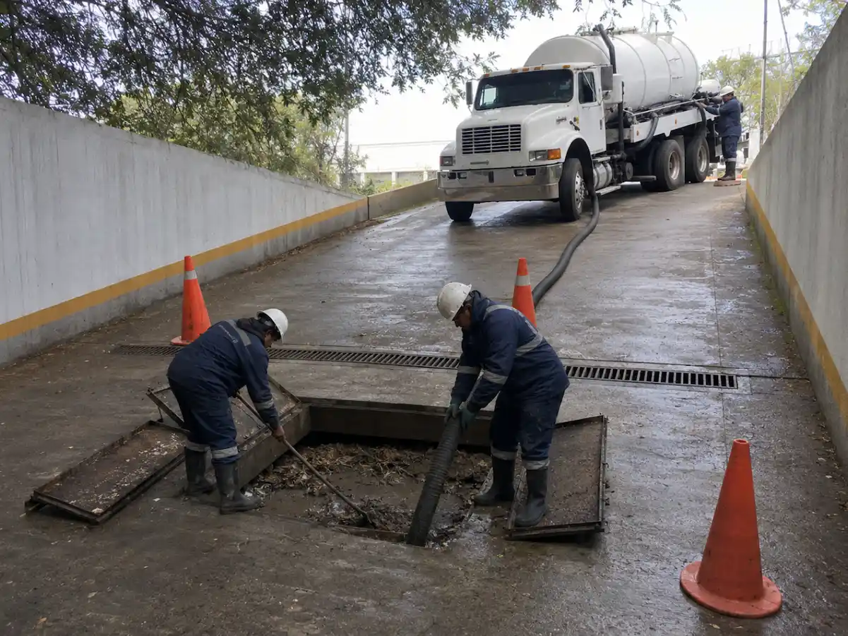 Pozo de visita abierto en la red interna de un parque industrial