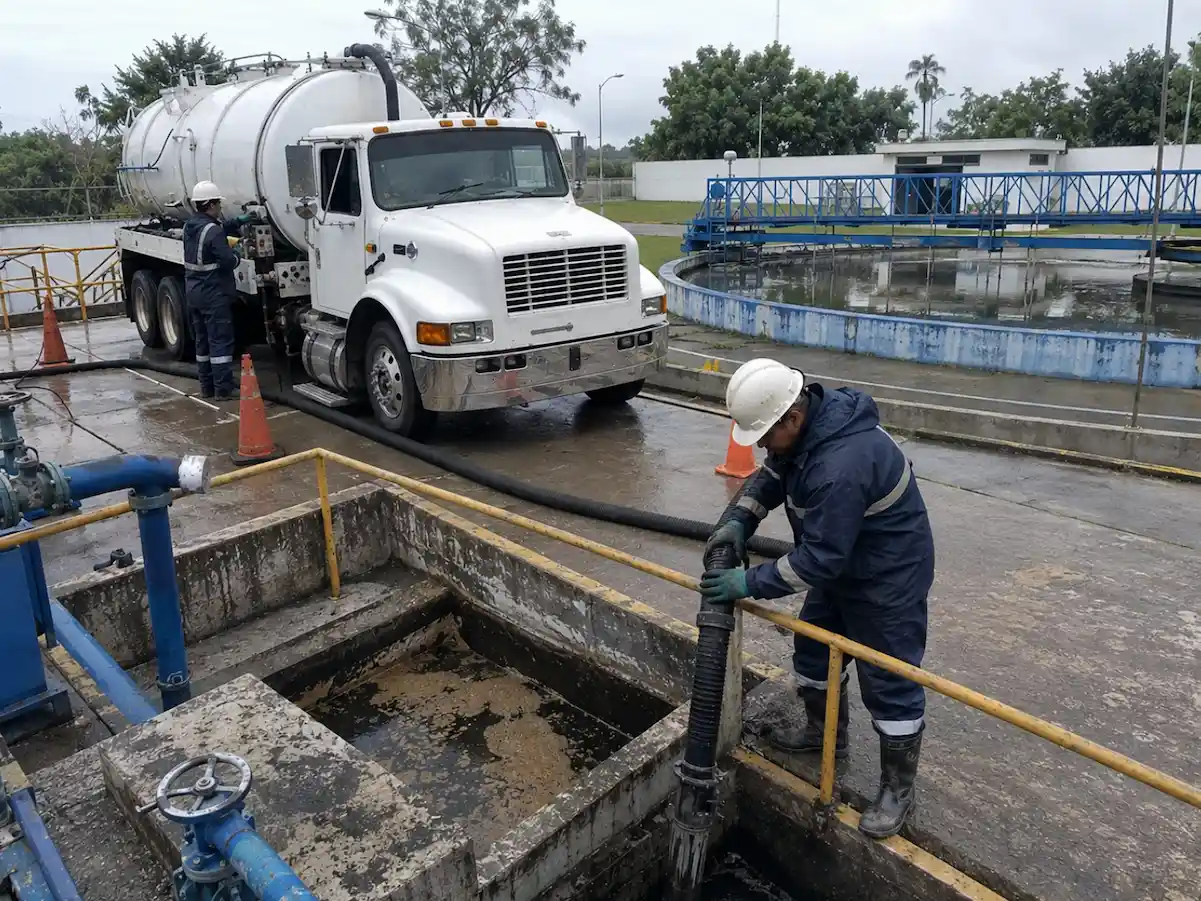 Camión Vactor desazolvando una línea de drenaje en Cholula, Puebla