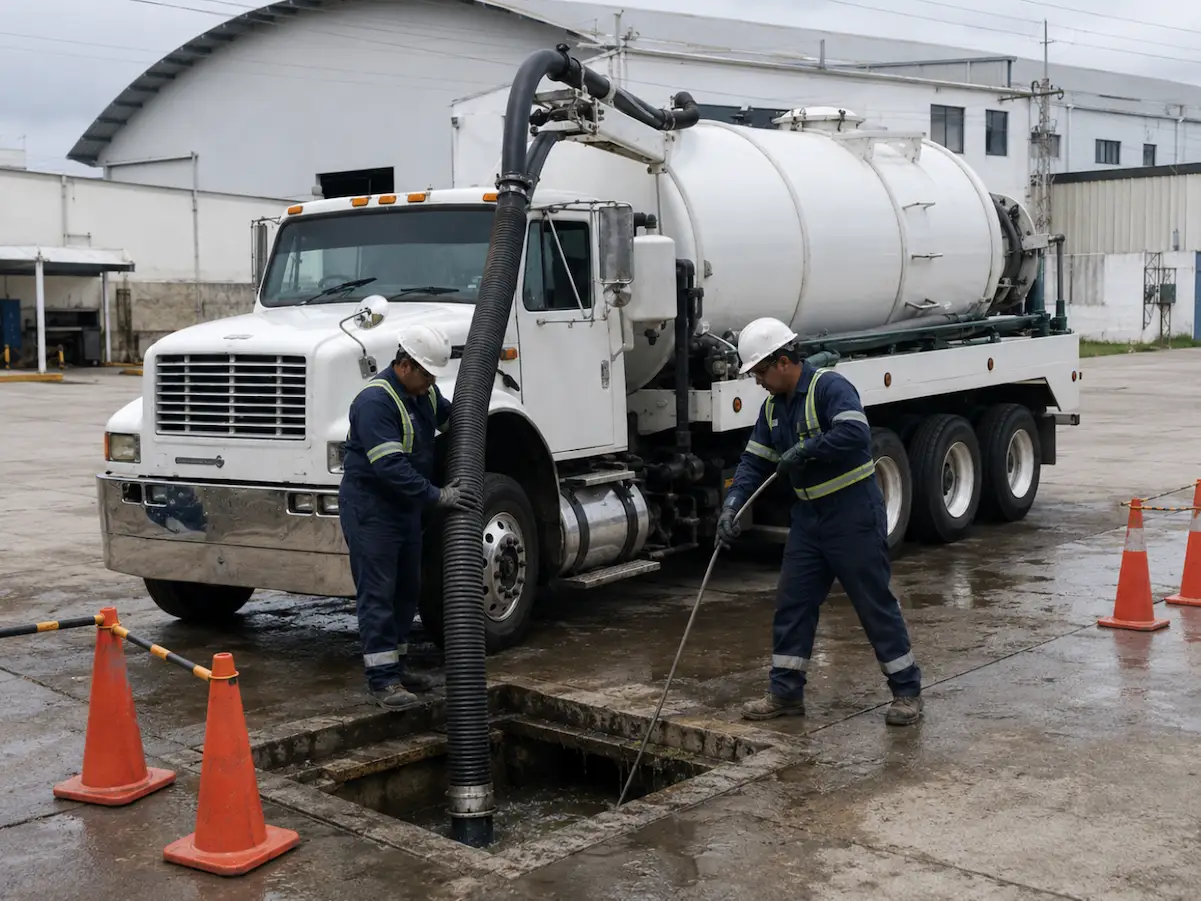 Camión Vactor desazolvando la línea de una nave industrial en Cuautlancingo