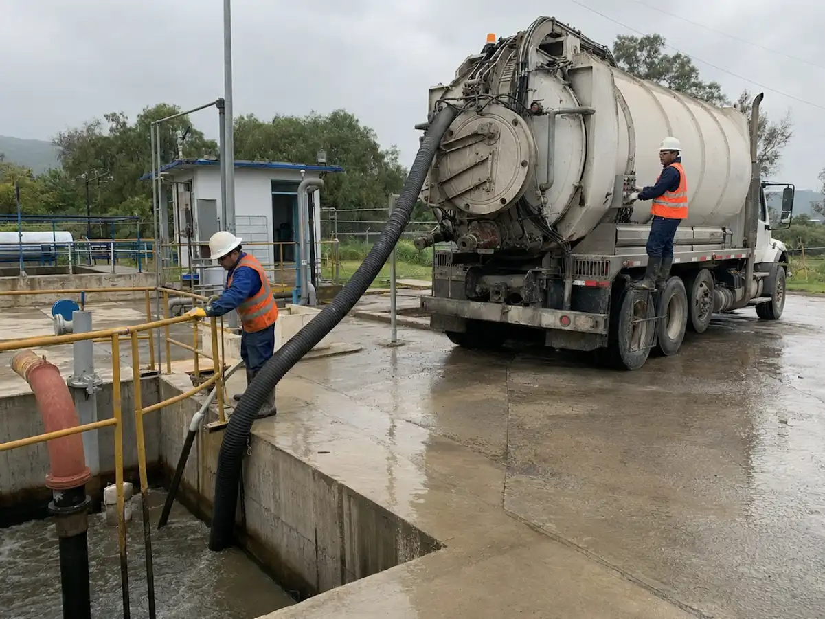 Cami&oacute;n vactor succionando la descarga de una nave industrial