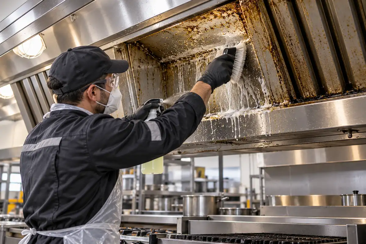 Técnico desengrasando una campana extractora de cocina comercial en Puebla